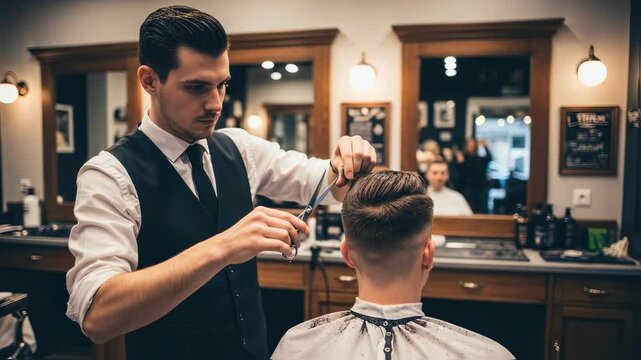Professional barber styling client's hair in vintage barbershop. Man getting haircut and grooming. Retro barbering techniques and traditional male grooming concept