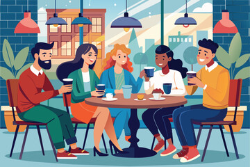 Illustration of diverse friends sharing coffee in a cozy cafe. Warm atmosphere, cheerful conversations, and lively interaction among group of people, emphasizing connection and relaxation.