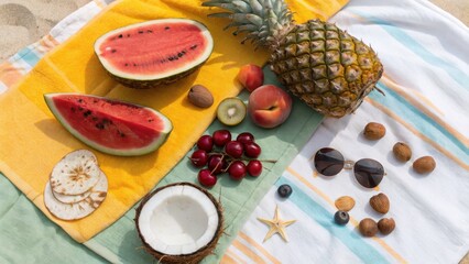 Assortment of fresh summer fruits and sunglasses on a beach towel isolated on white background