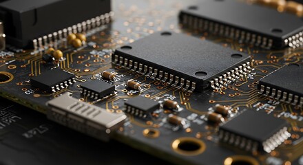Detailed Black Circuit Board with Small Components and Gold Traces