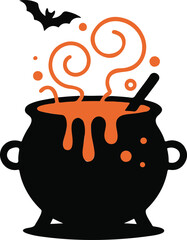 A halloween cauldron with bubbling orange liquid and a stirring spoon vector illustration.