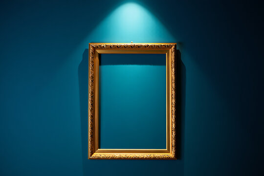 Elegant Gold Picture Frame on Blue Wall Art Gallery Mockup Presentation