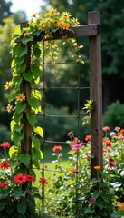 Garden trellis with wooden stakes supporting climbing vines and flowers, stakes, gardening tools, wood