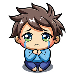 Obraz premium Cartoon character, a boy, with brown hair, big eyes, and a sad expression, sitting and crying