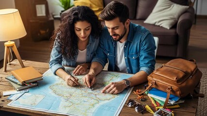 Young couple planning trip using world map. Man and woman exploring travel destinations. Adventure preparation, vacation route planning concept. Tourism lifestyle.