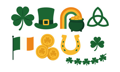 St. patrick's day icons collection with shamrocks, leprechaun hat, and rainbow for festive designs