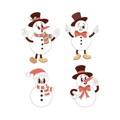 Retro Groovy Hand Drawn Christmas Disco party Vector Illustration Set Featuring Cute Vintage Cartoon Snowmen in Friendly Poses. Perfect for holiday greeting cards, festive packaging, seasonal party