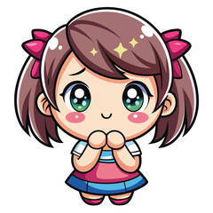 Obraz premium Cute anime girl with brown hair, pink bows, and big eyes, giving a grateful/thankful gesture