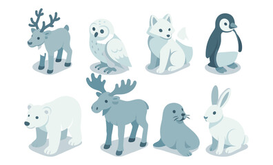 Winter wildlife icons collection featuring arctic animals for design and decoration