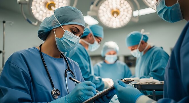 Medical professionals in blue scrubs and masks collaborate intently during a surgical procedure under bright operating room lights