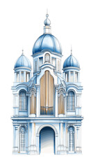 Fototapeta premium Ornate blue and white church with domes and intricately designed facade 