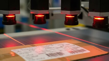 Modern industrial barcode scanner scans cardboard packages in automated assembly line. Barcode scanner works in factory automation, ensuring product tracking and logistics efficiency. - Powered by Adobe