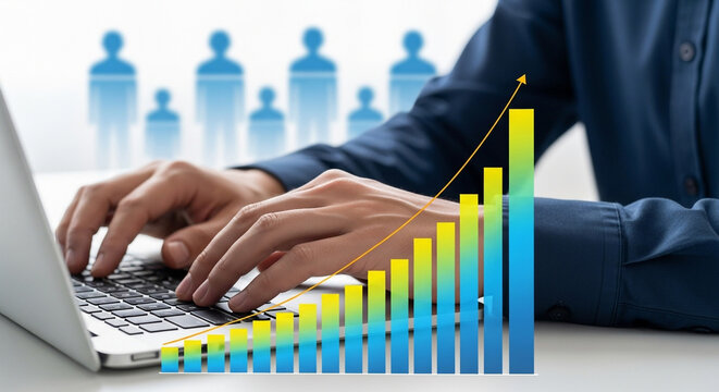 A person is typing on a laptop with a growth chart overlay, symbolizing business success and financial progress in a digital environment - Powered by Adobe