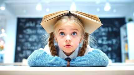 A funny girl with blue eyes put an open book on her head and looks forward in bewilderment.