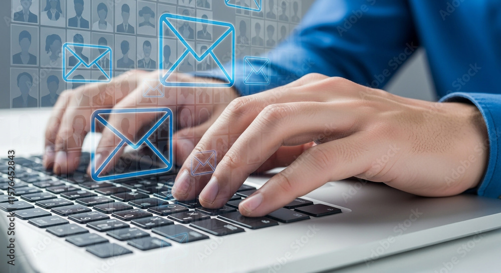 Poster a person is typing on a laptop keyboard with email icons floating above, representing digital commun