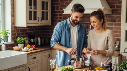 Couple cooking together in rustic kitchen. Man and woman preparing healthy meal with fresh vegetables. Romantic dinner, date night, or culinary hobby concept - Powered by Adobe