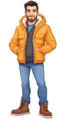 Fototapeta premium Cartoon man standing with hands in pockets wearing orange jacket 