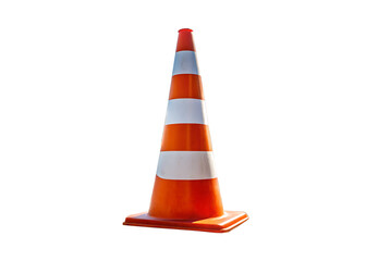 A bright orange and white striped traffic cone isolated on a transparent background