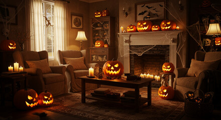 Carved pumpkins create a festive halloween atmosphere