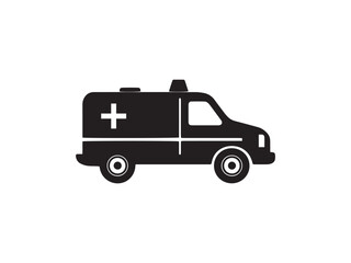 Ambulance car icon illustration, black silhouette with cross on white background