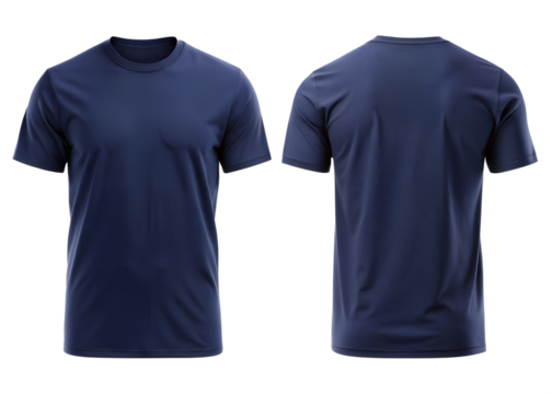 A navy blue shortsleeved crew neck tshirt shown from the front and back, isolated on a transparent background