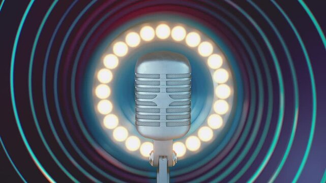 A rotating retro microphone on a glowing circle light background. Seamlessly loopable 3D animation for podcasts, music, concerts, and broadcast events. Ultra HD 4K 3840x2160 3D animation.