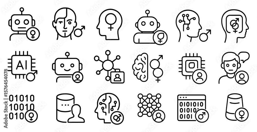 Poster collection of robot icons, including a woman robot, a man robot, and a robot with a computer
