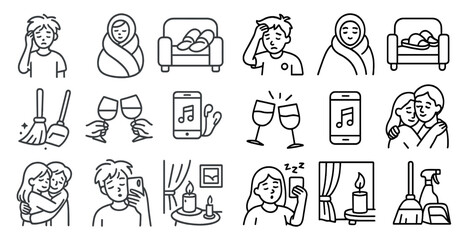 Series of black and white icons depicting various activities and emotions. The icons include a person holding a cell phone, a person holding a wine glass, a person holding a broom