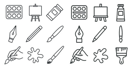 Set of art supplies including a brush, a pen, and a palette. The brush is used for painting, while the pen is used for writing. The palette is used for mixing colors
