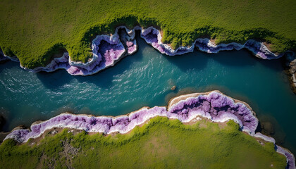 Aerial View of a Turquoise River With Amethyst Crystal Formations Flowing Through Green Grasslands