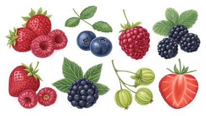 Watercolor illustration of assorted berries and gooseberries isolated on white background