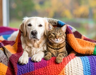Naklejka na ściany i meble Cozy pets under a colorful blanket (1)