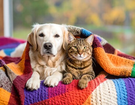 Cozy pets under a colorful blanket (1)
