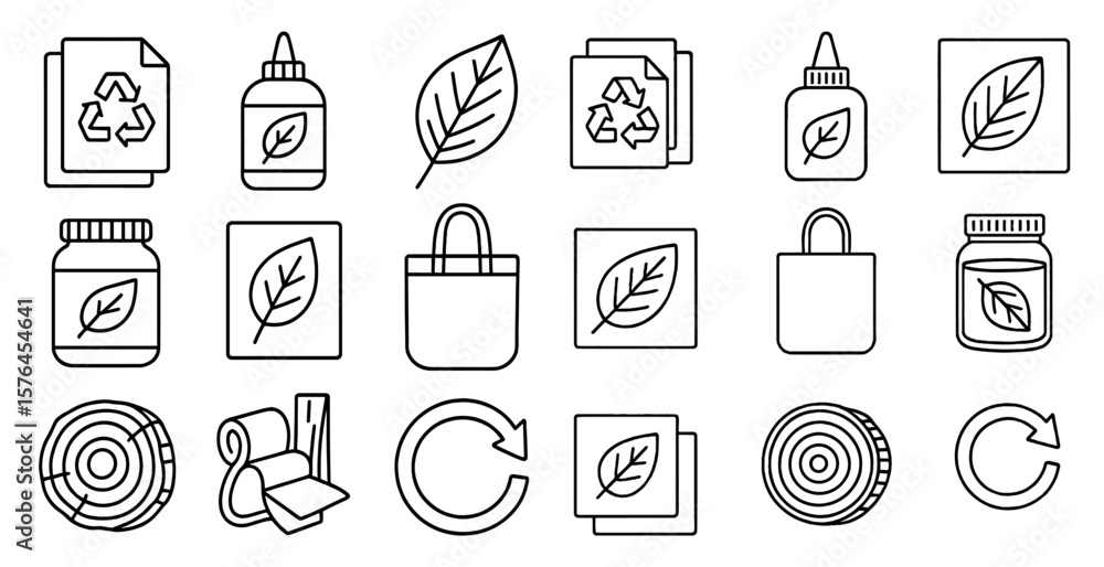 Poster set of icons for recycling and reusing items. the icons include a leaf, a shopping bag, a jar, a bot