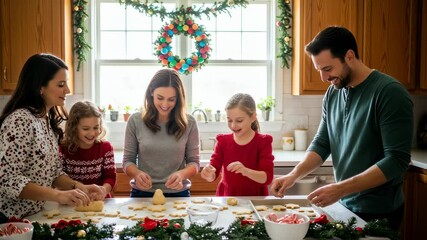 Family baking Christmas cookies in festive kitchen. Parents and children decorating holiday treats. Cozy home tradition and togetherness during winter season - Powered by Adobe