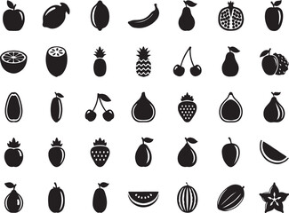Fruits, berries icon set. Vector glyph pictograms of apple, banana, orange lemon, grape, pineapple, coconut, cherry, strawberry black silhouette illustration. Healthy fresh organic nutrition 