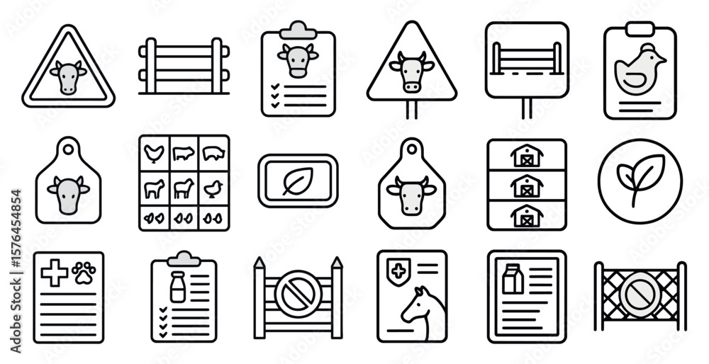 Poster set of farm-related icons, including a cow, a chicken, and a sign. the icons are arranged in a grid,