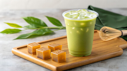 Refreshing Iced Matcha Latte with Brown Sugar Cubes