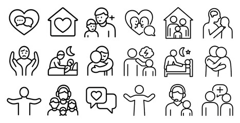 Series of icons depicting various emotions and situations, including hugging, crying, and sleeping. Scene is one of warmth and comfort