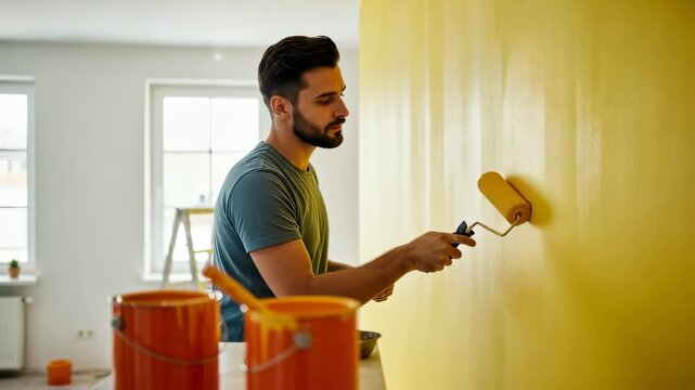 Man painting interior wall yellow with roller. Home improvement and DIY renovation concept. Caucasian worker redecorating room. House makeover and color transformation video.