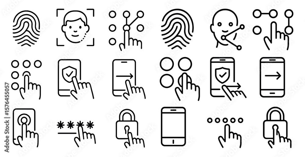 Poster set of icons for a phone app that includes a fingerprint scanner, a passcode, and a security check