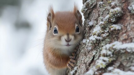 Fototapeta premium Red squirrel peeking, snowy forest, winter, wildlife