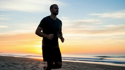 Man jogging on beach at sunset. Silhouette of runner against orange sky and ocean. Fitness, exercise and healthy lifestyle concept. Coastal outdoor workout. - Powered by Adobe