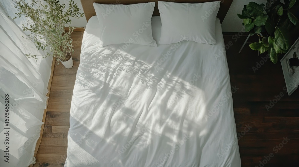 Poster overhead view of a neatly made bed with sunlight streaming through a window, casting shadows on the 