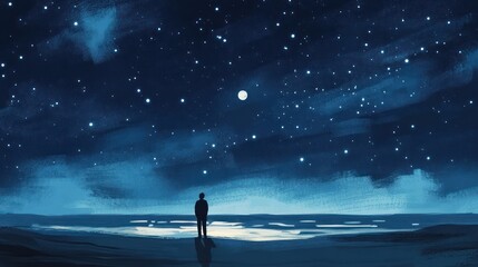 Fototapeta premium Night sky, lone figure, beach, stars, moon, reflection, calm, serenity, artwork, contemplation