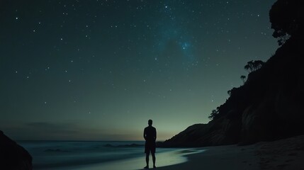 Fototapeta premium Man gazing at starry night sky over beach