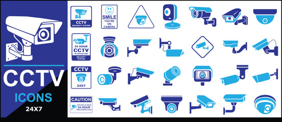 CCTV icons set vector drawing, security system 24 hours, CCTV camera icons vector file.