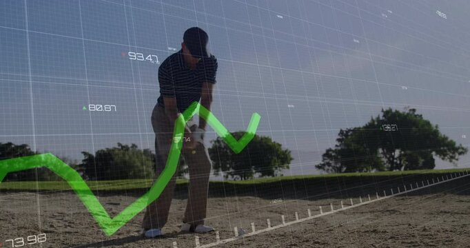 Golfer entering bunker executing backswing with sports analytics overlay changing for shot analysis