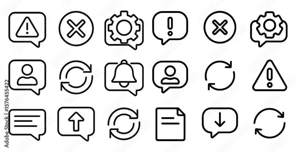 Poster set of icons for a messaging app. the icons include a bell, a gear, and a red exclamation point