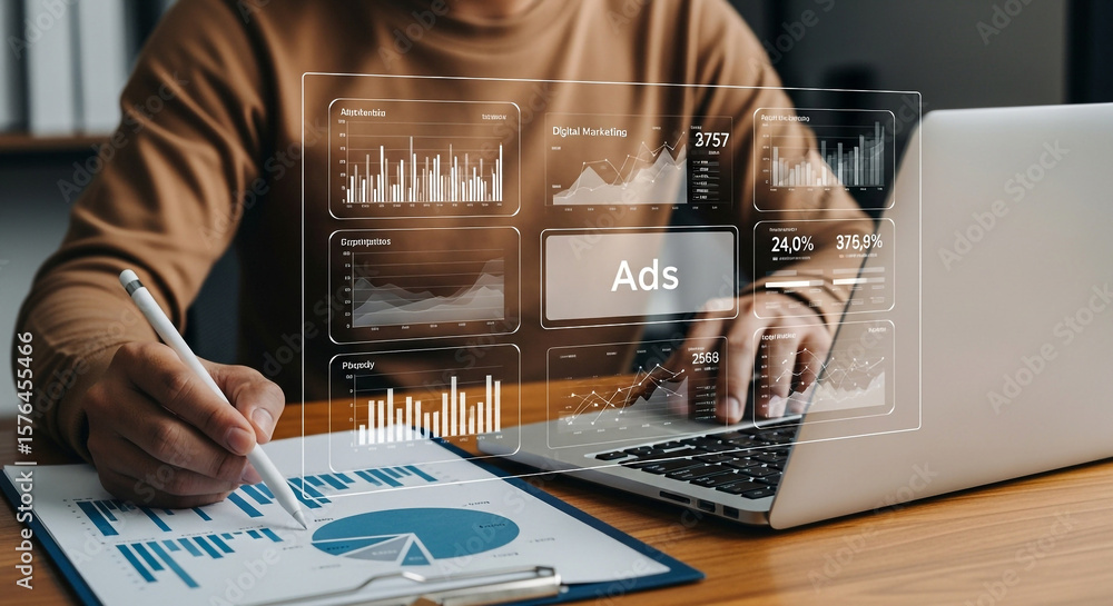 Poster a person analyzes advertising data on a laptop, reviewing charts and graphs to optimize marketing st